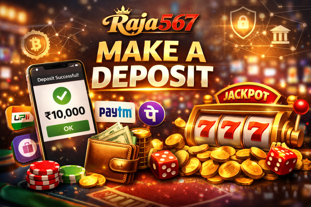 Raja567 Make a Deposit banner showing Raja567 casino logo, ₹10,000 deposit confirmation on smartphone, UPI and Paytm payment icons, slot machine jackpot and casino chips for Indian players