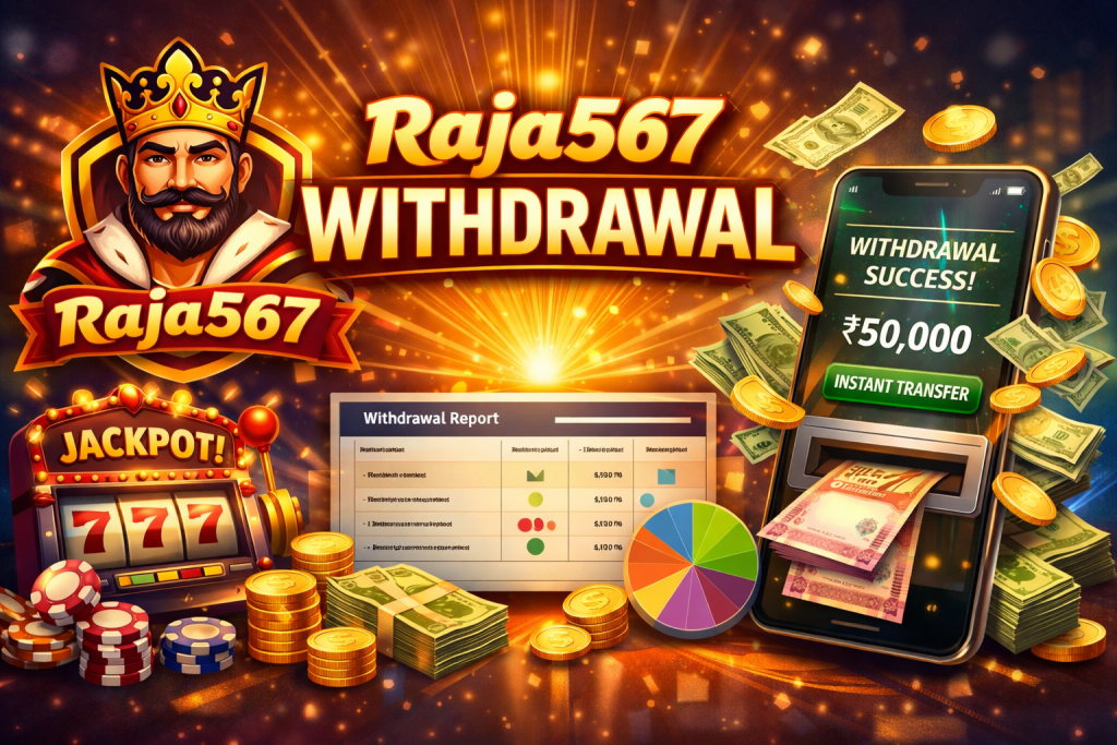 Raja567 withdrawal guide banner showing Raja567 casino logo, mobile payout confirmation ₹50,000, casino chips, jackpot slot machine and digital payment symbols for Indian players