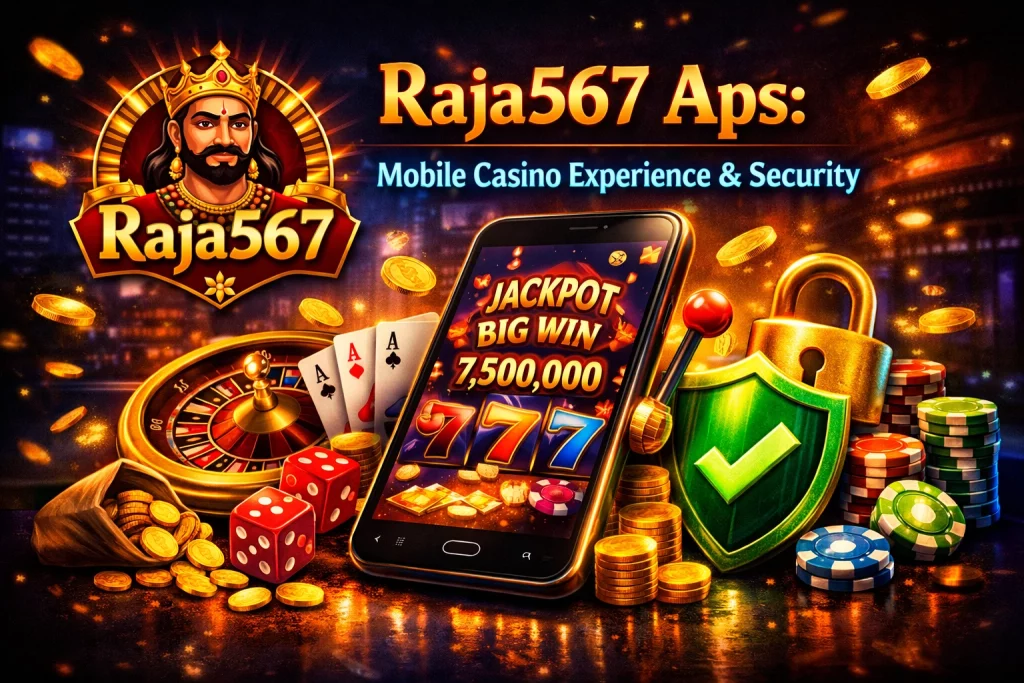 Raja567 Aps mobile casino banner with king logo, smartphone jackpot screen, roulette wheel, casino chips and security shield.