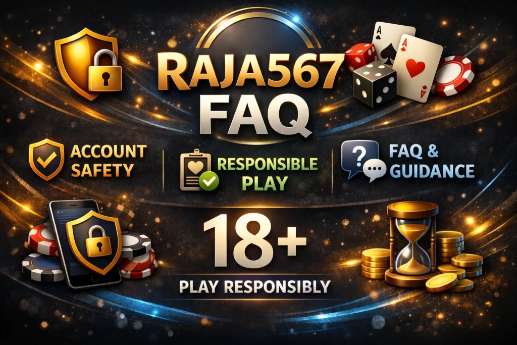 Raja567 FAQ banner with casino elements, account safety, responsible play, guidance icons and 18+ play responsibly message