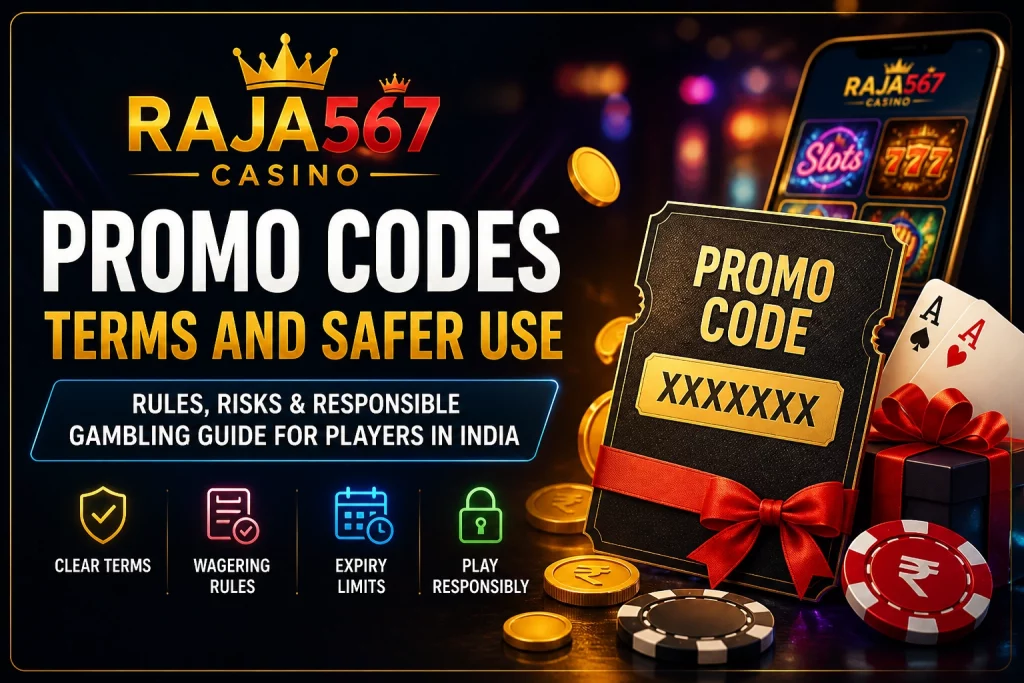 Raja567 Casino promo codes banner with terms safer use wagering rules expiry limits and responsible gambling guide for players in India