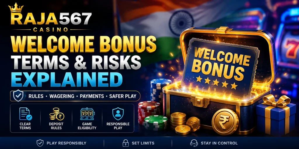 Raja567 Casino welcome bonus banner with terms risks wagering rules payment guidance Indian theme and responsible play icons