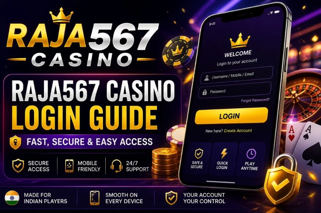 Raja567 Casino Login Guide banner with mobile login screen, secure access icons, casino chips, cards, and India-focused visual elements.