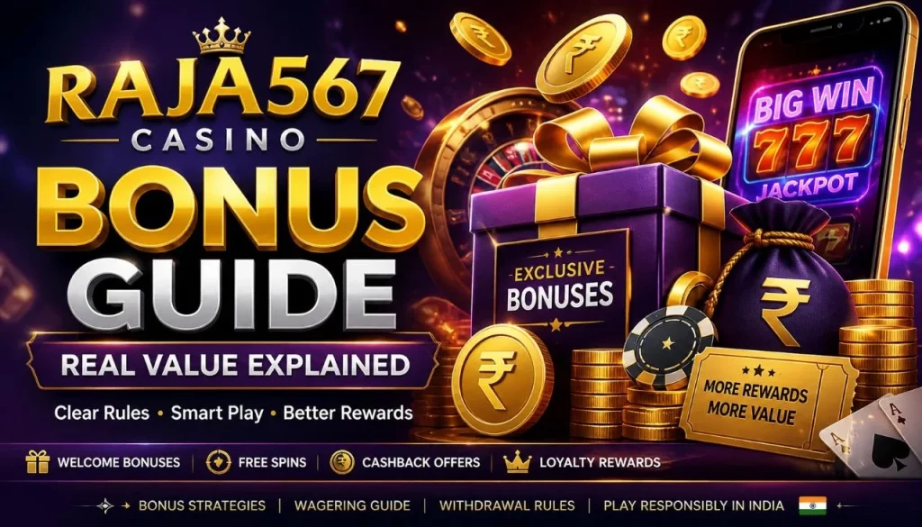 Raja567 Casino Bonus Guide banner with gold coins, bonus gift box, casino chips, mobile jackpot screen, and India-focused reward visuals.