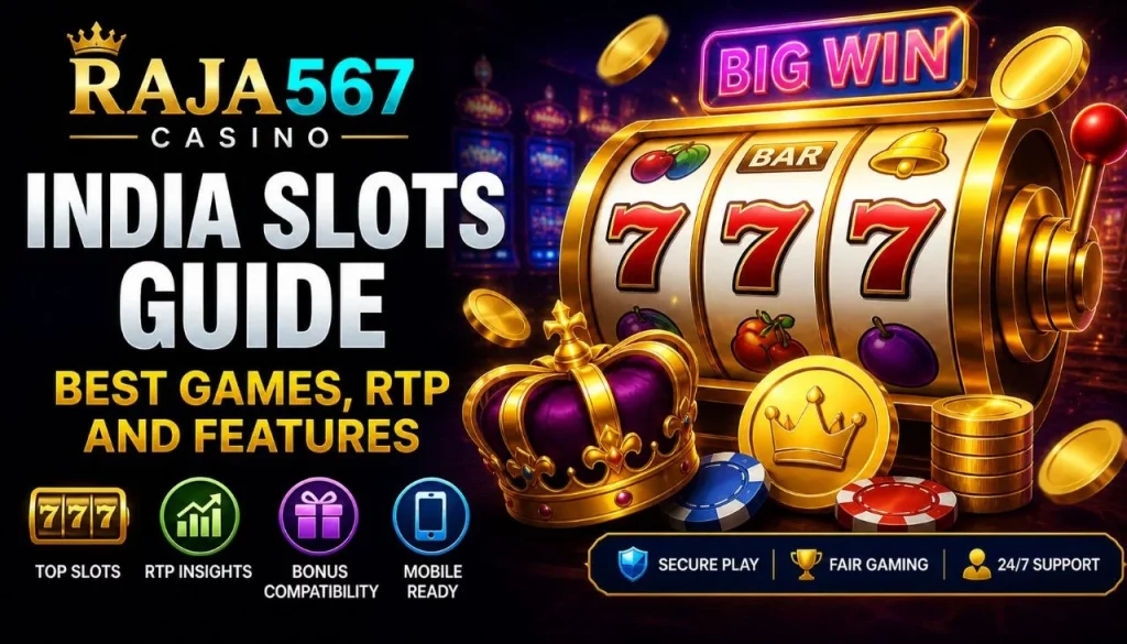 Raja567 Casino India slots guide banner showing slot machine, gold coins, RTP insights, bonus compatibility, and mobile play visuals.
