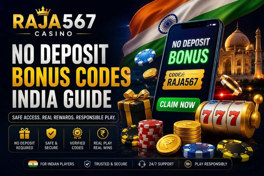 Raja567 Casino no deposit bonus codes India guide banner with secure bonus symbols and responsible play theme.