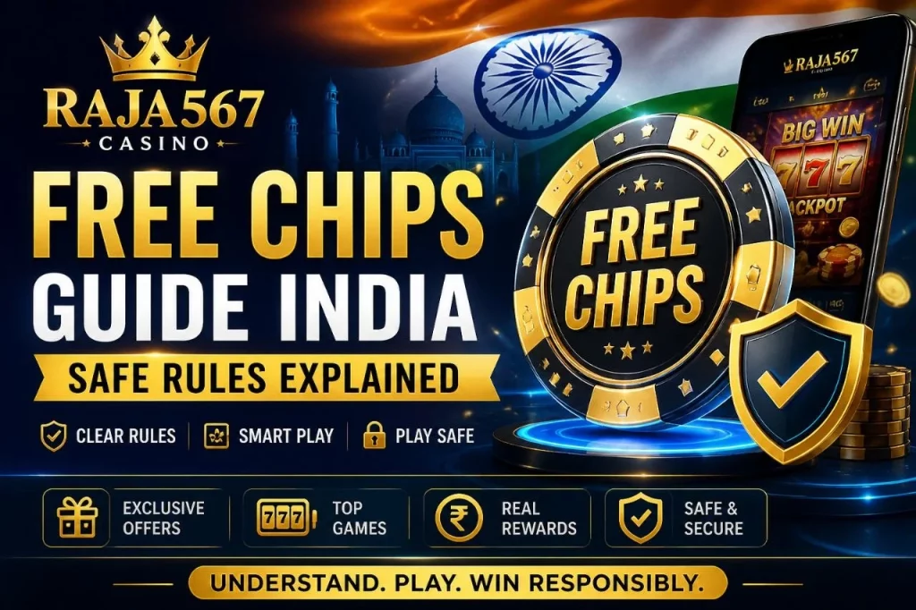 Raja567 Casino free chips guide India banner with safe rules, casino chips, secure play icons and responsible gaming message.